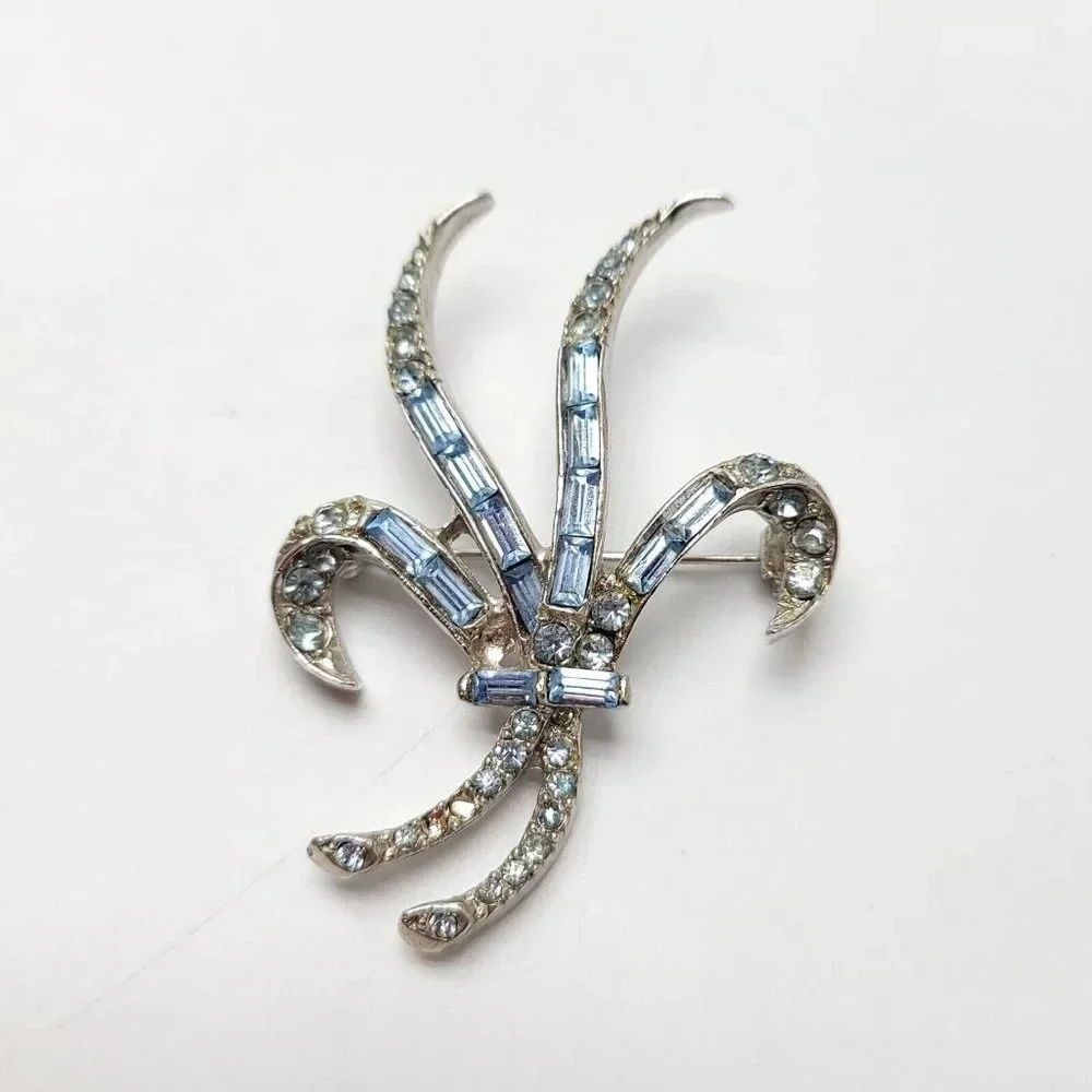 Blue Rhinestone Large Silver Tone Abstract Flower Vintage Brooch